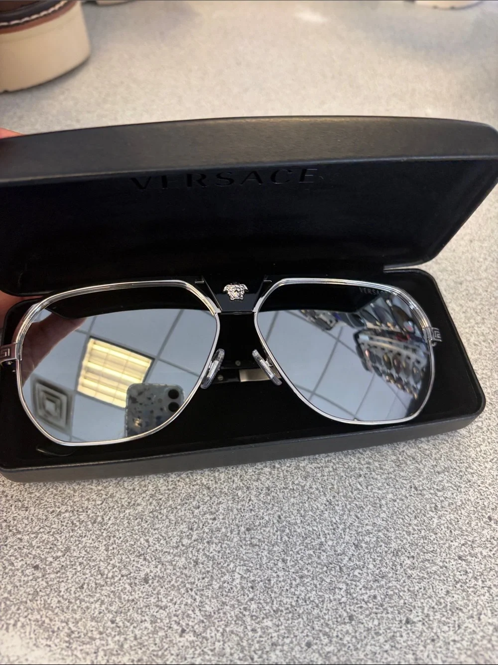 Versace Men’s Silver Mirrored Aviator Sunglasses with Black Bridge